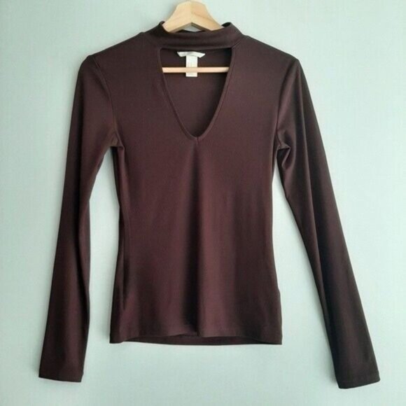 H&M Mock Neck Cut-out Fitted Long Sleeve Top Burgundy Sz XS - Picture 4 of 11